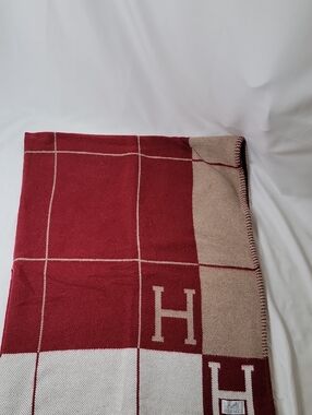Hermes Burgundy and Beige Windowpane Throw with H Motif